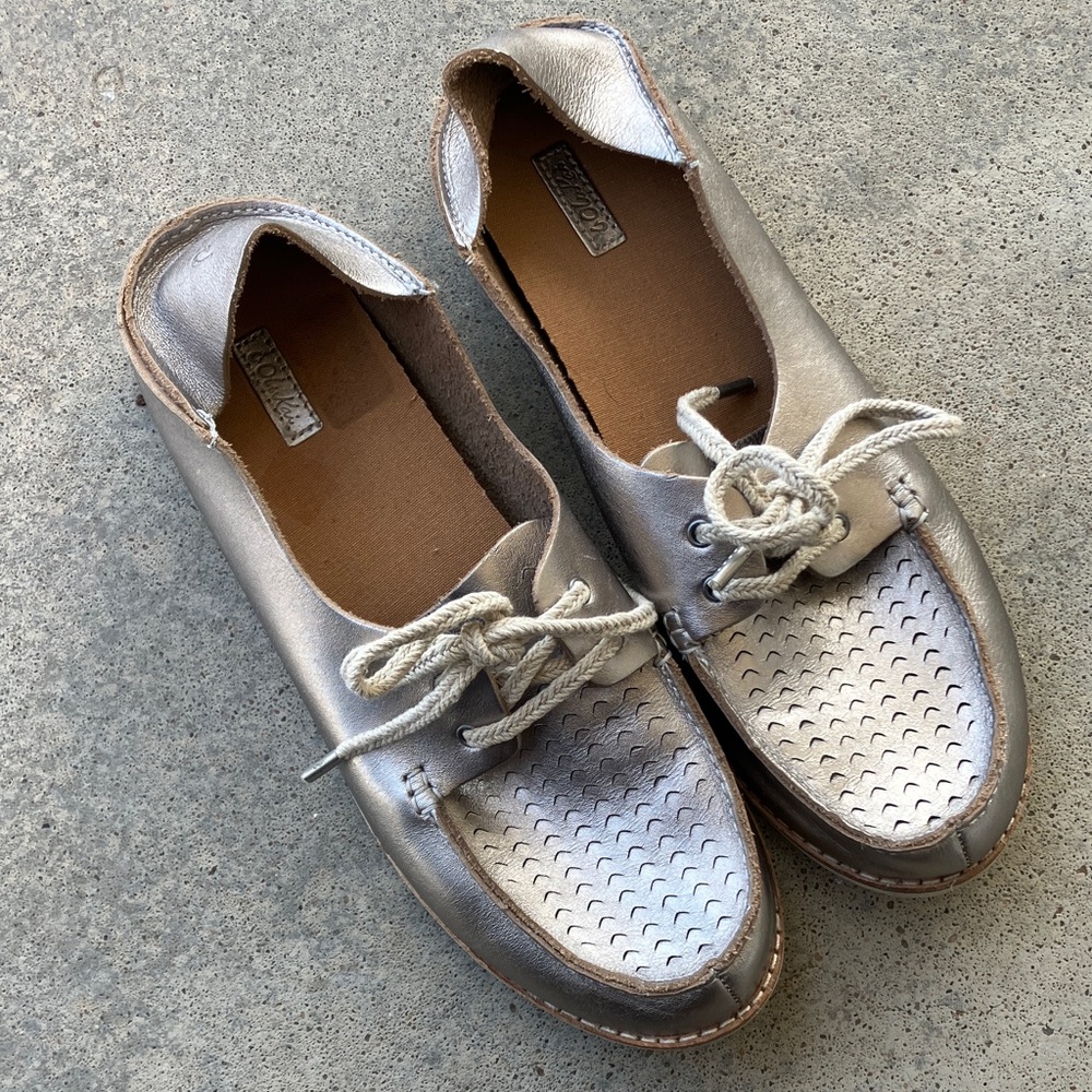 OluKai Silver Leather Moku Perforated Deck Shoes, 10